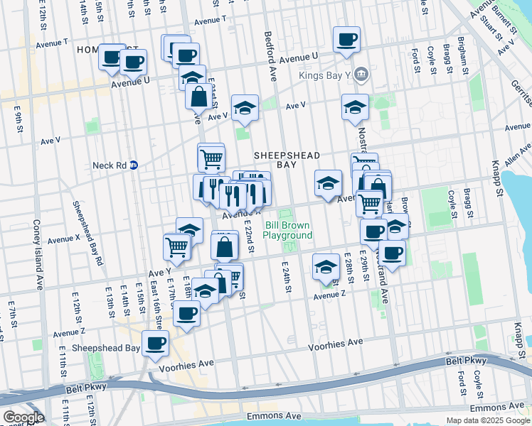 map of restaurants, bars, coffee shops, grocery stores, and more near 2401 East 23rd Street in Brooklyn