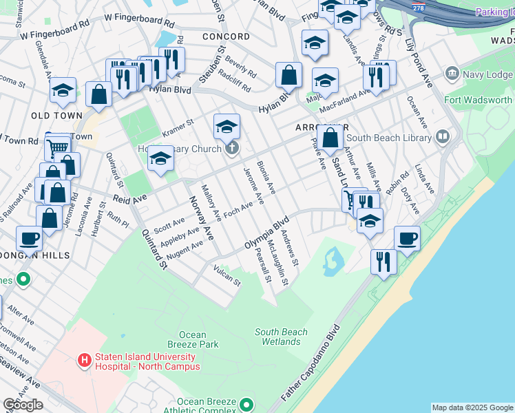 map of restaurants, bars, coffee shops, grocery stores, and more near 154 Foch Avenue in Staten Island
