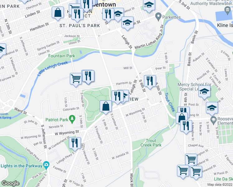 map of restaurants, bars, coffee shops, grocery stores, and more near 729 State Route 2055 in Allentown