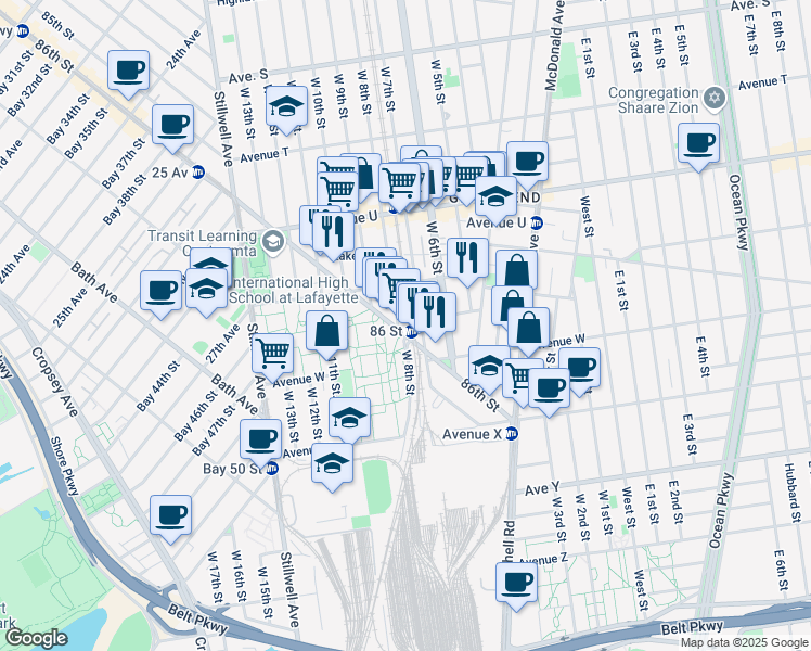 map of restaurants, bars, coffee shops, grocery stores, and more near 2811 86th Street in Brooklyn
