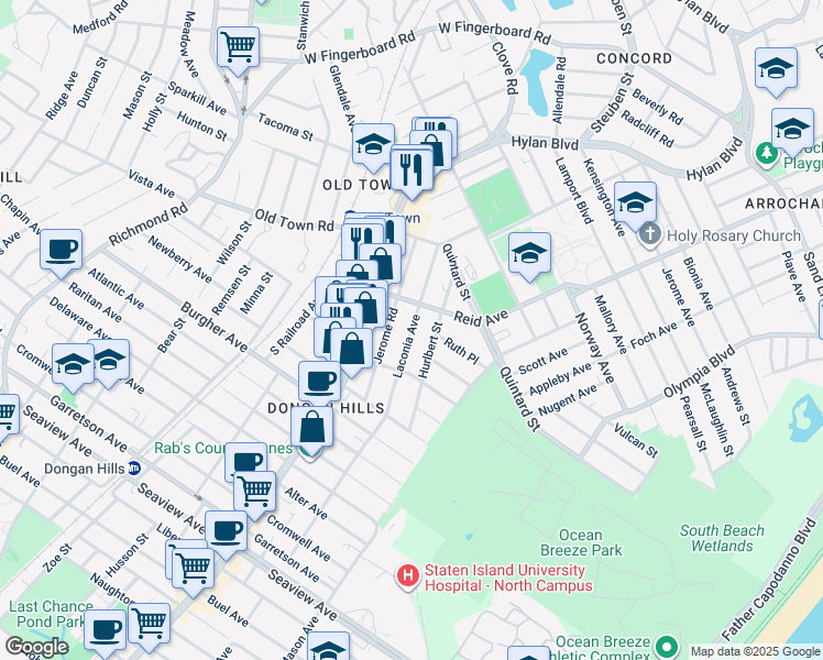 map of restaurants, bars, coffee shops, grocery stores, and more near 96 Laconia Avenue in Staten Island