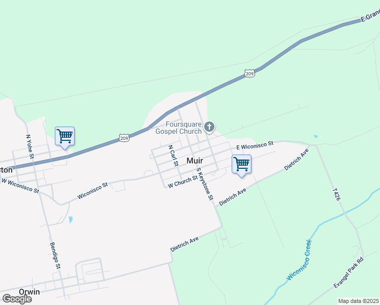 map of restaurants, bars, coffee shops, grocery stores, and more near 108 North Keystone Street in Muir