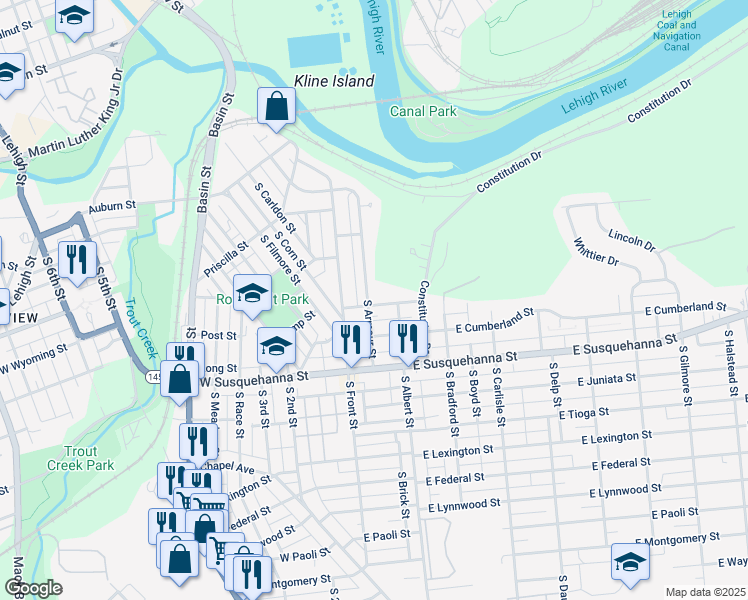 map of restaurants, bars, coffee shops, grocery stores, and more near 957 South Armour Street in Allentown