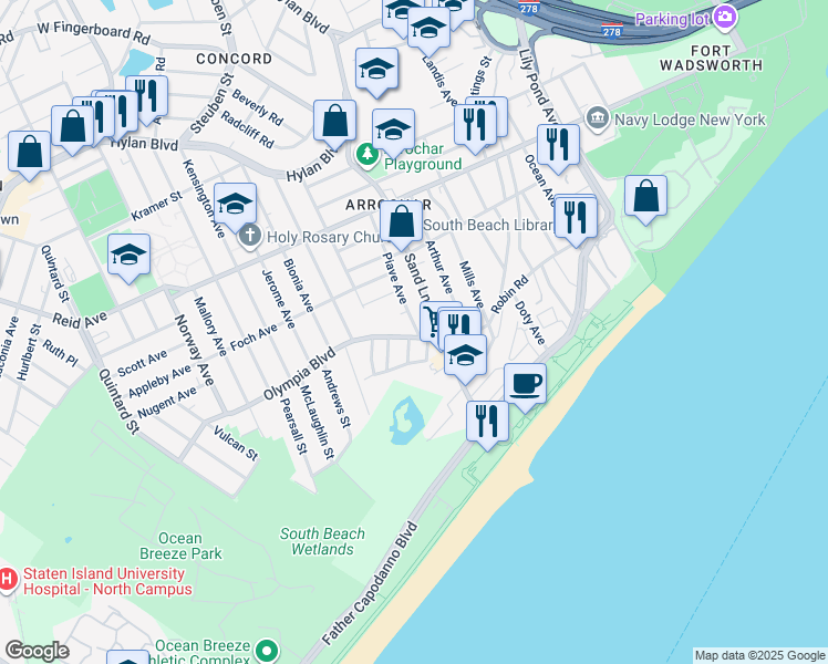 map of restaurants, bars, coffee shops, grocery stores, and more near 47 Olympia Boulevard in Staten Island
