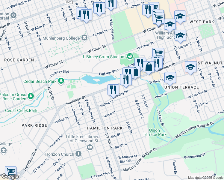 map of restaurants, bars, coffee shops, grocery stores, and more near 2228 Hamilton Street in Allentown