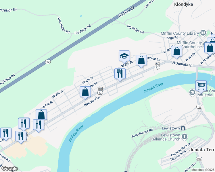 map of restaurants, bars, coffee shops, grocery stores, and more near 623 West 4th Street in Lewistown