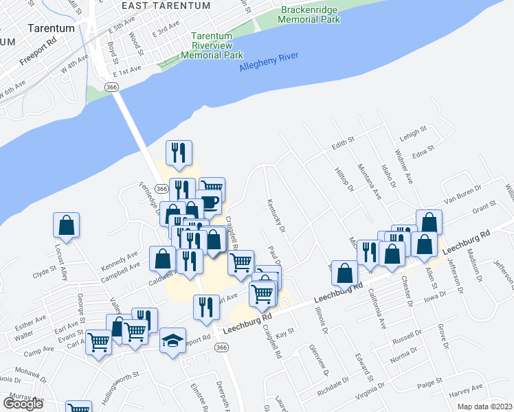 map of restaurants, bars, coffee shops, grocery stores, and more near 2516 Kentucky Court in New Kensington