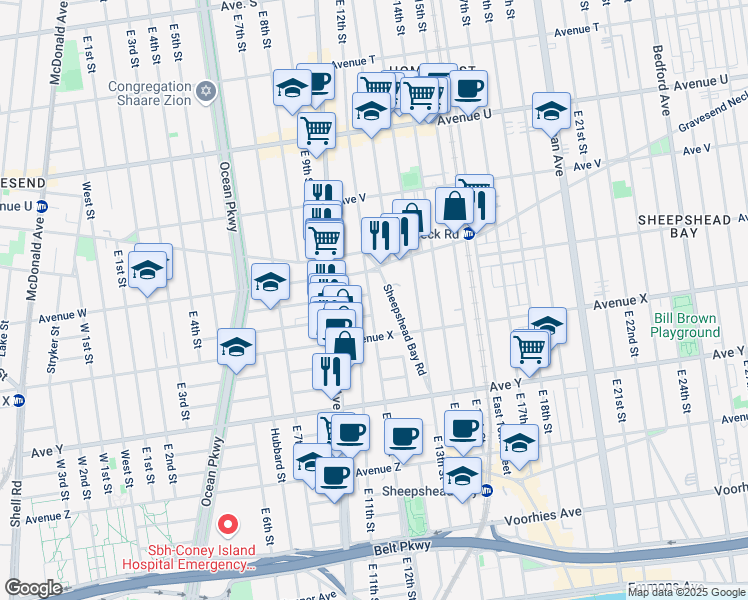 map of restaurants, bars, coffee shops, grocery stores, and more near 2335 East 12th Street in Brooklyn