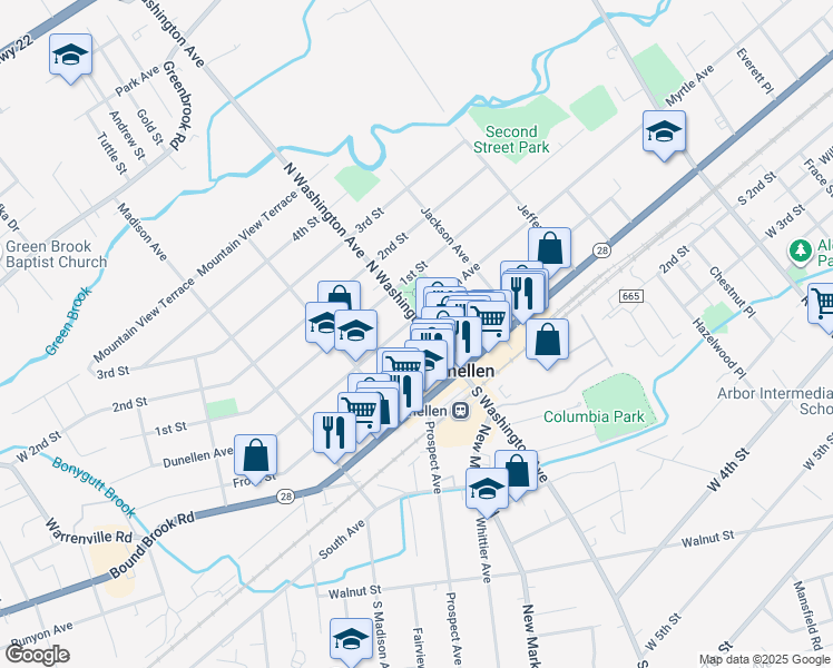 map of restaurants, bars, coffee shops, grocery stores, and more near 215 North Washington Avenue in Dunellen