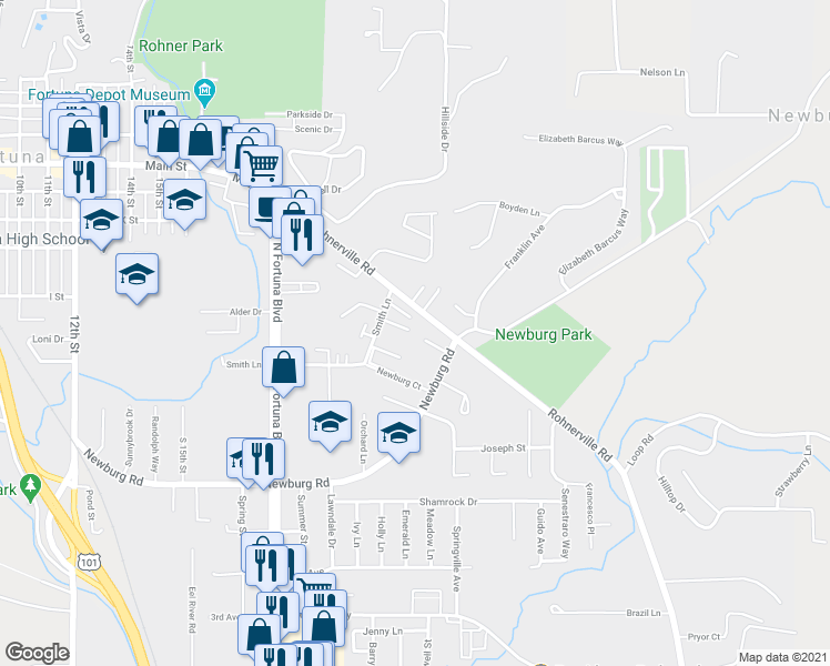 map of restaurants, bars, coffee shops, grocery stores, and more near 2482 Shay Court in Fortuna