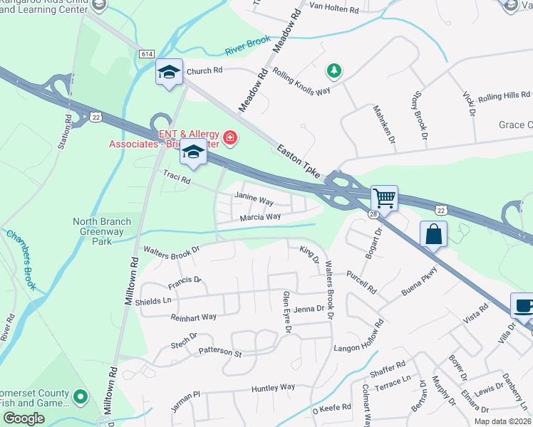 map of restaurants, bars, coffee shops, grocery stores, and more near 354 Cynthia Lane in Bridgewater Township