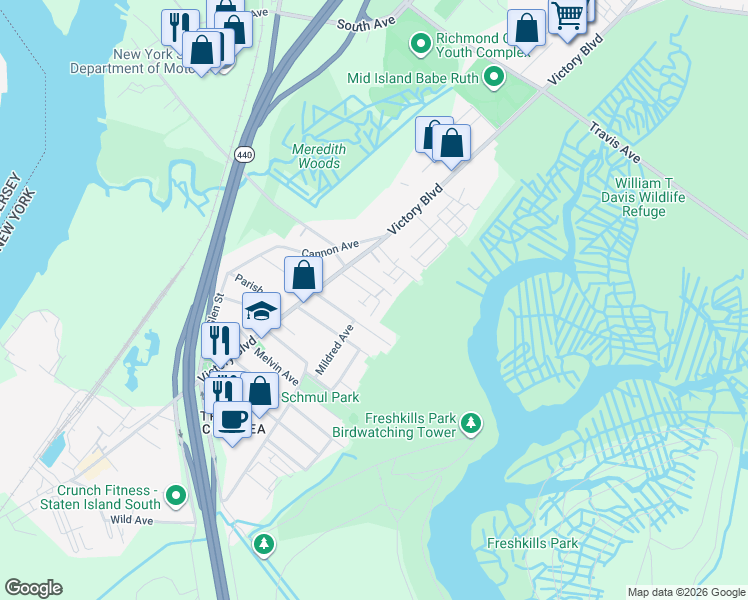 map of restaurants, bars, coffee shops, grocery stores, and more near 50 Church Avenue in Staten Island