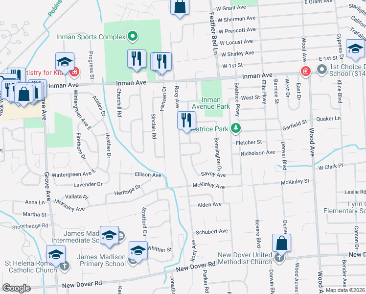 map of restaurants, bars, coffee shops, grocery stores, and more near 36 Roxy Avenue in Edison