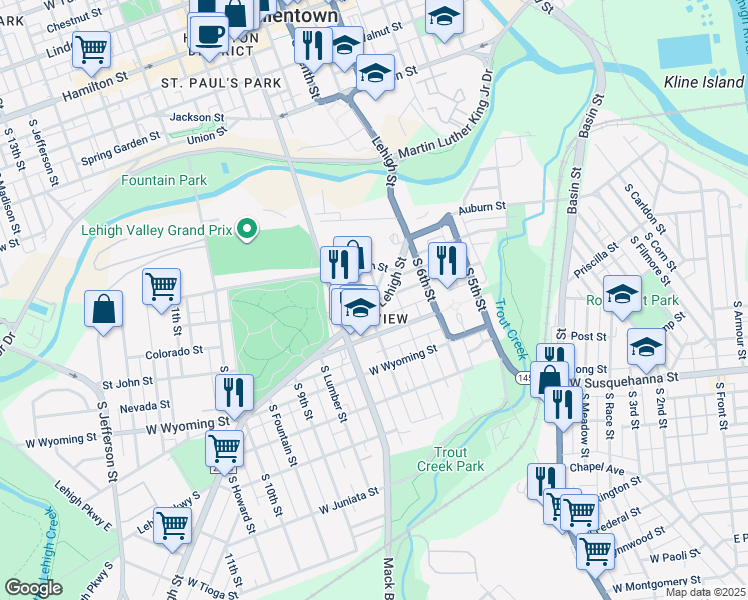 map of restaurants, bars, coffee shops, grocery stores, and more near 743 South Hall Street in Allentown