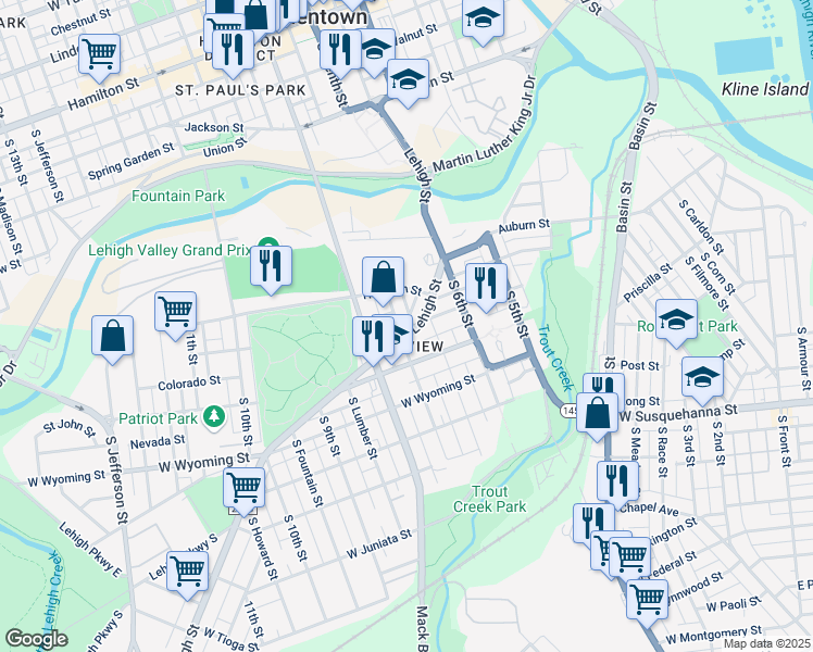 map of restaurants, bars, coffee shops, grocery stores, and more near 743 S Hall St in Allentown