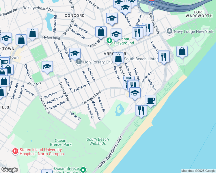 map of restaurants, bars, coffee shops, grocery stores, and more near 87 Olympia Boulevard in Staten Island