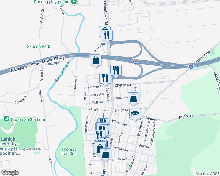 map of restaurants, bars, coffee shops, grocery stores, and more near 1620 Main Street in Hellertown