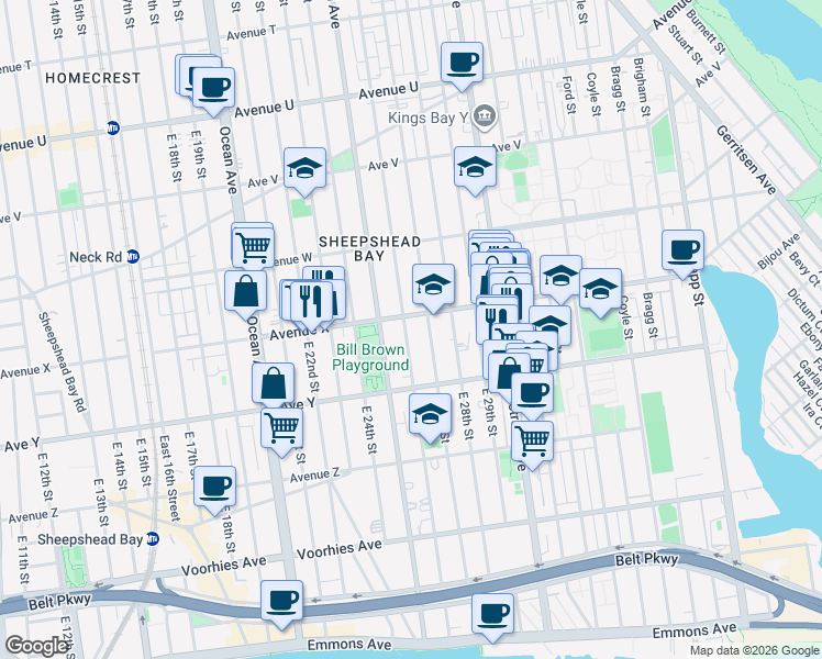 map of restaurants, bars, coffee shops, grocery stores, and more near 2413 East 26th Street in Brooklyn