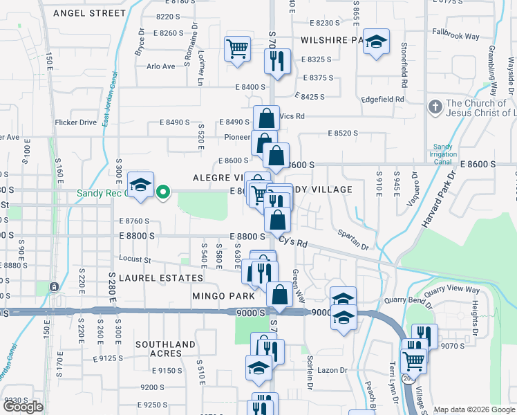 map of restaurants, bars, coffee shops, grocery stores, and more near 8722 South 700 East in Sandy