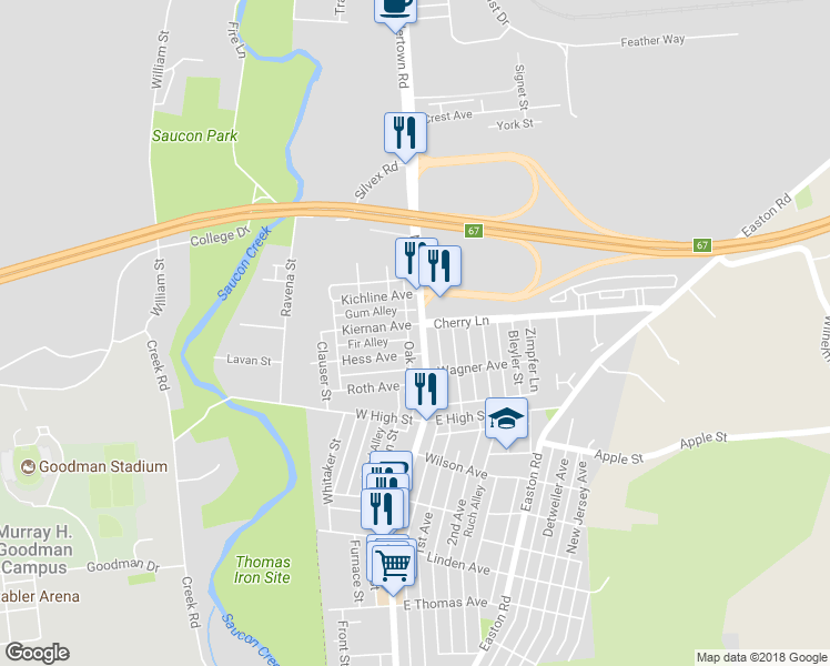 map of restaurants, bars, coffee shops, grocery stores, and more near 1620 Main Street in Hellertown