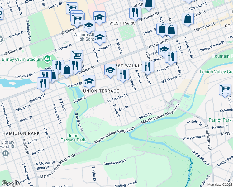 map of restaurants, bars, coffee shops, grocery stores, and more near 222 South Saint Cloud Street in Allentown