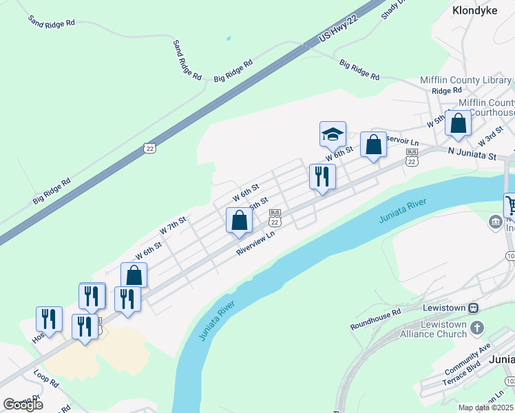 map of restaurants, bars, coffee shops, grocery stores, and more near 728 West 5th Street in Lewistown
