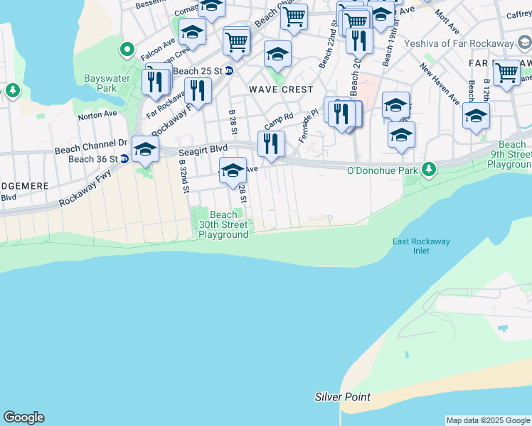 map of restaurants, bars, coffee shops, grocery stores, and more near 1-28 Beach 27th Street in Queens