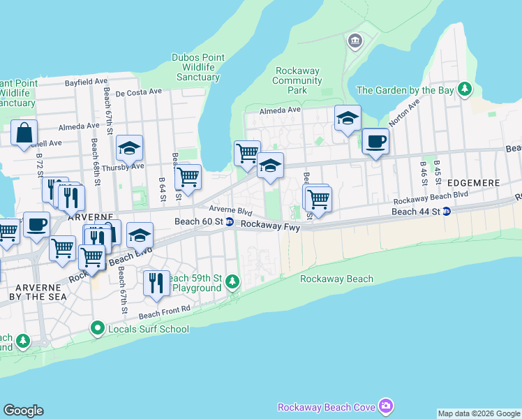 map of restaurants, bars, coffee shops, grocery stores, and more near 56-33 Arverne Boulevard in Queens