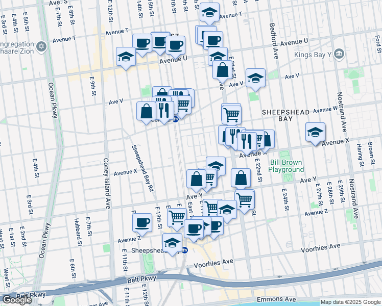 map of restaurants, bars, coffee shops, grocery stores, and more near 2365 East 17th Street in Brooklyn