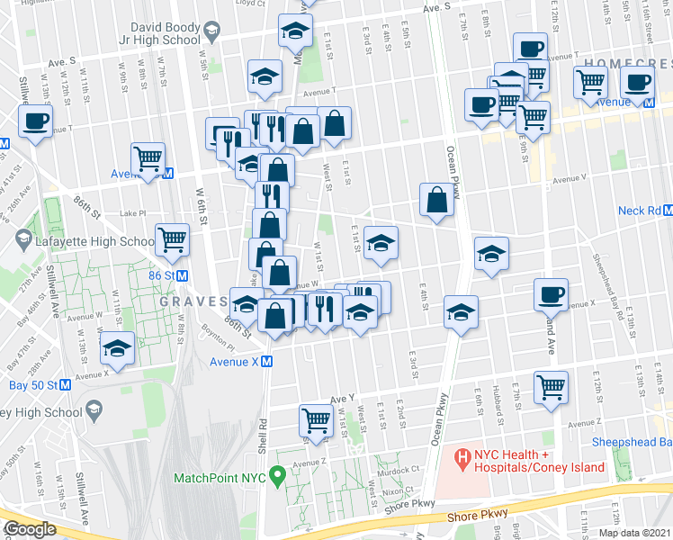 map of restaurants, bars, coffee shops, grocery stores, and more near 2286 West Street in Brooklyn