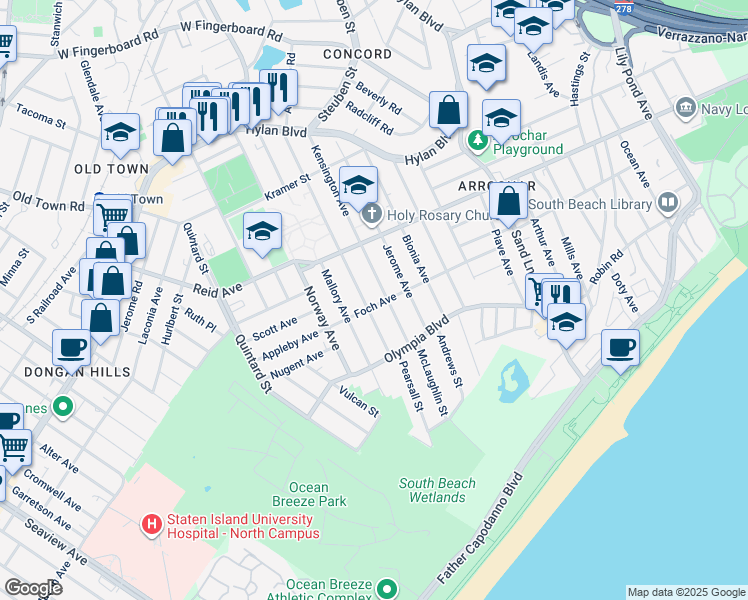 map of restaurants, bars, coffee shops, grocery stores, and more near 189 Foch Avenue in Staten Island