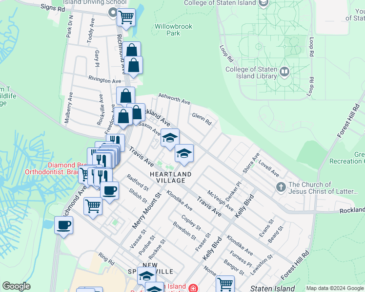 map of restaurants, bars, coffee shops, grocery stores, and more near 16 Merry Mount Street in Staten Island