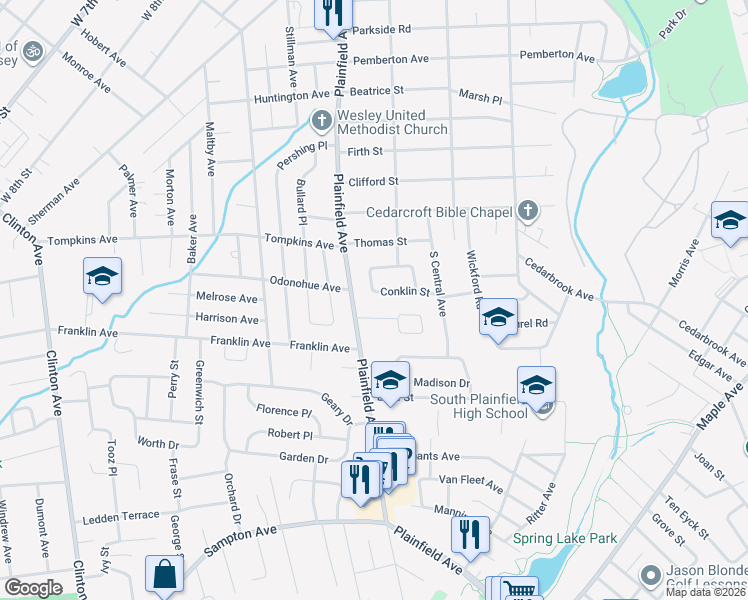 map of restaurants, bars, coffee shops, grocery stores, and more near 100 Conklin Street in South Plainfield