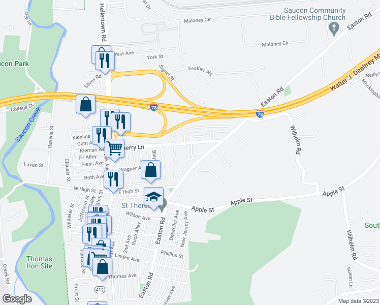 map of restaurants, bars, coffee shops, grocery stores, and more near 1602 Oakridge Lane in Hellertown