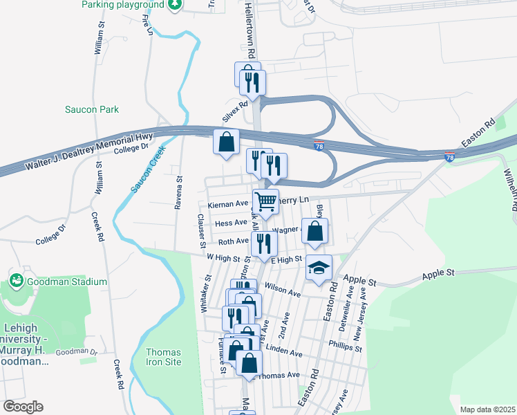 map of restaurants, bars, coffee shops, grocery stores, and more near 1620 Main Street in Hellertown