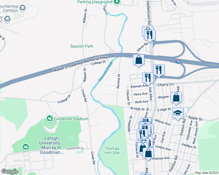 map of restaurants, bars, coffee shops, grocery stores, and more near 1719 Lavan Street in Bethlehem