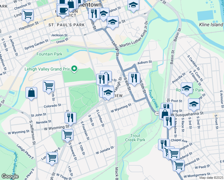 map of restaurants, bars, coffee shops, grocery stores, and more near 743 South Hall Street in Allentown