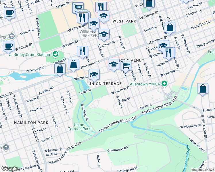 map of restaurants, bars, coffee shops, grocery stores, and more near 1814 Union Street in Allentown