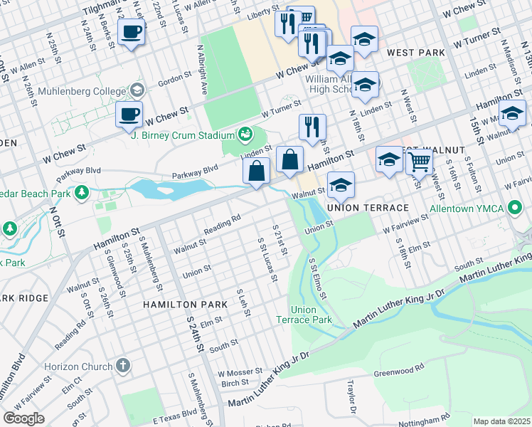map of restaurants, bars, coffee shops, grocery stores, and more near 2122 Reading Road in Allentown