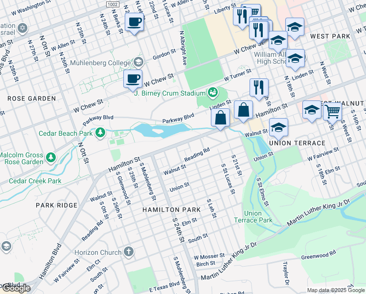map of restaurants, bars, coffee shops, grocery stores, and more near 2228 Hamilton Street in Allentown