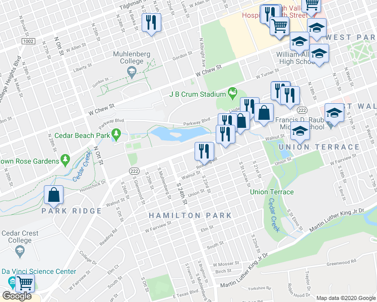 map of restaurants, bars, coffee shops, grocery stores, and more near 2312 Hamilton Street in Allentown