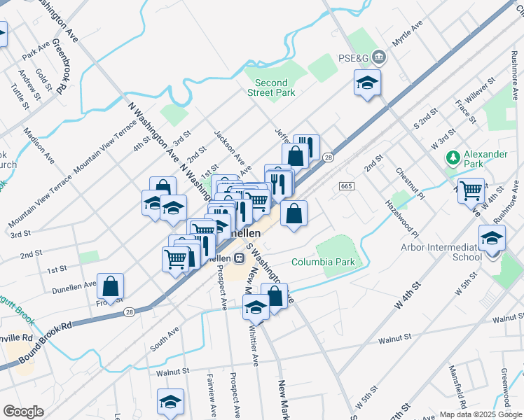 map of restaurants, bars, coffee shops, grocery stores, and more near 212 North Avenue in Dunellen