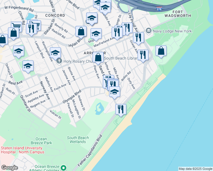 map of restaurants, bars, coffee shops, grocery stores, and more near 266 Sand Lane in Staten Island