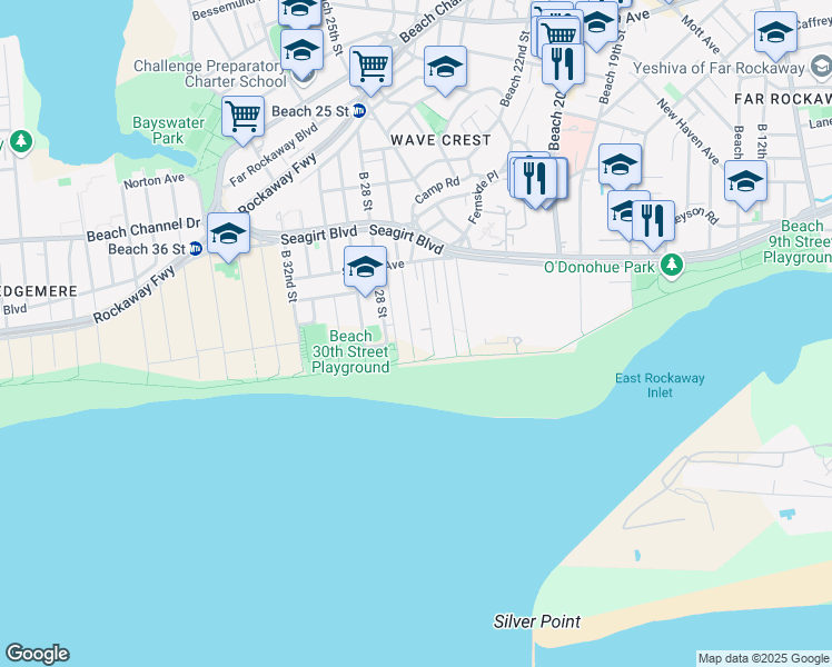 map of restaurants, bars, coffee shops, grocery stores, and more near 1-28 Beach 27th Street in Queens