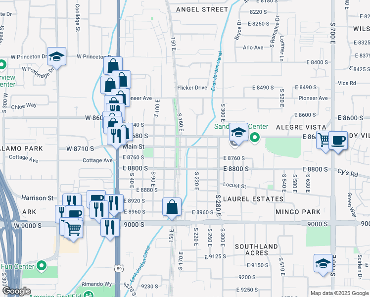 map of restaurants, bars, coffee shops, grocery stores, and more near 186 East Main Street in Sandy
