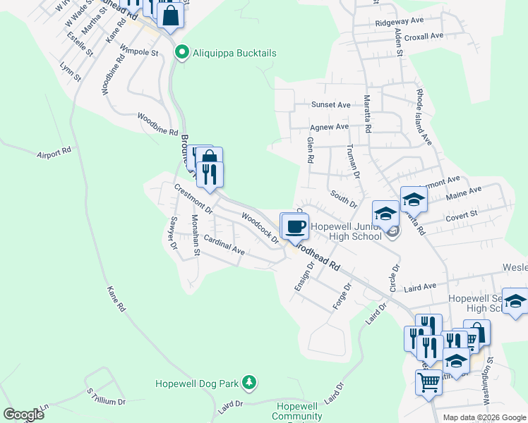 map of restaurants, bars, coffee shops, grocery stores, and more near 2438 Brodhead Road in Aliquippa