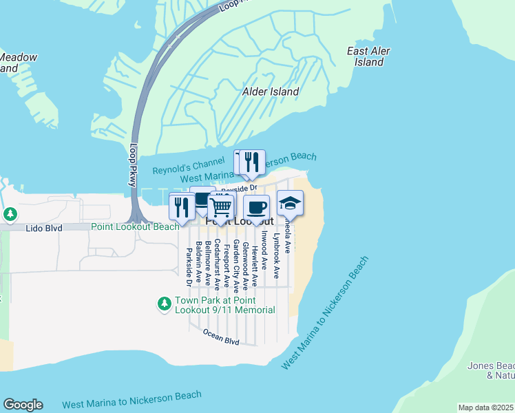 map of restaurants, bars, coffee shops, grocery stores, and more near 20 Hewlett Avenue in Point Lookout