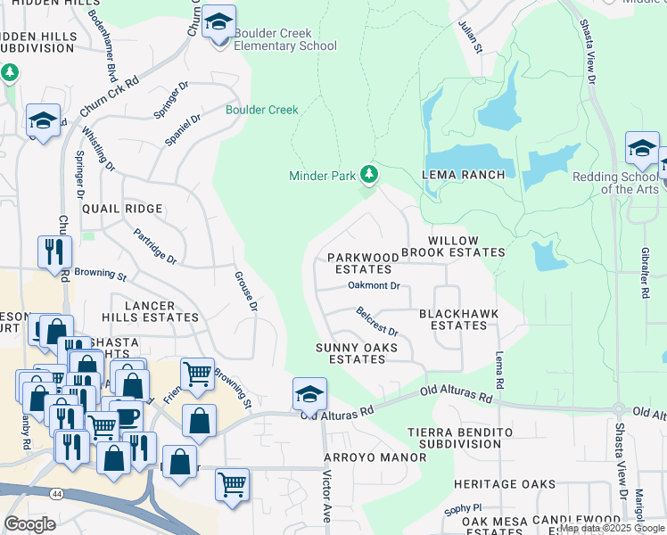 map of restaurants, bars, coffee shops, grocery stores, and more near 1851 Tiburon Drive in Redding