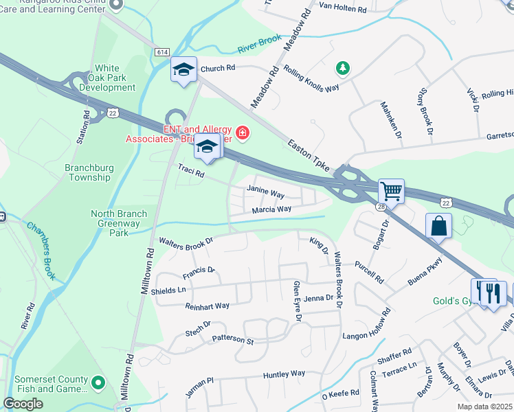 map of restaurants, bars, coffee shops, grocery stores, and more near 338 Tammy Lane in Bridgewater Township