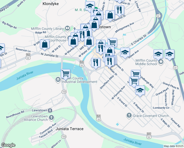 map of restaurants, bars, coffee shops, grocery stores, and more near 200 South Wayne Street in Lewistown